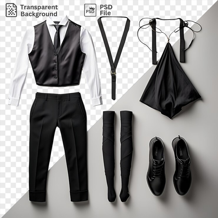 PSD premium of professional ballet and dance gear set displayed on a white wall featuring black shoes a black tie and a black and white shirt with a black umbrella in the background