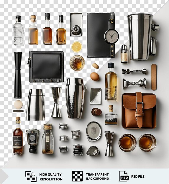 Premium of professional bartenders kit set featuring a variety of bottles glasses and utensils on a transparent background the kit includes a brown bottle a glass and brown bottle a