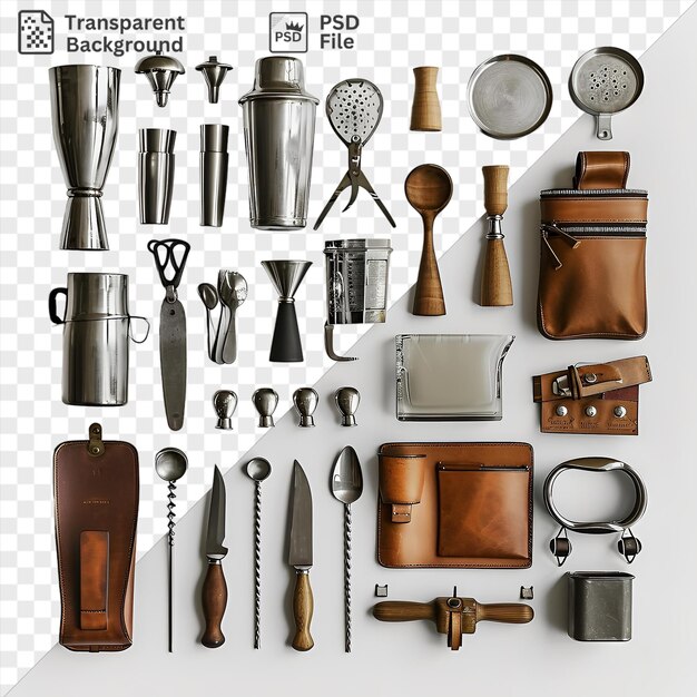 Premium of professional bartenders kit set featuring a variety of utensils including silver and metal spoons a silver knife and a brown leather wallet displayed on a transparent background