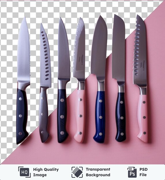 PSD set di coltelli chef39s professionali premium con coltelli blu e neri d'argento con una varietà di colteli con maniglie e stili diversi visualizzati contro una parete rosa