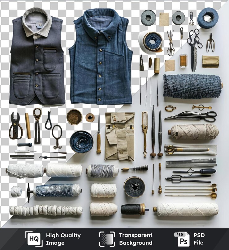 PSD premium professional costume design and making tools set displayed on a transparent background including black scissors a silver and black knife and a black and gray vest