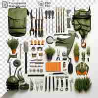 PSD premium of professional gardening and landscaping tools set displayed with a variety of tools