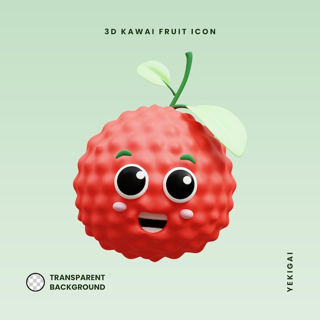 Rendering 3d psd premium sull'illustrazione della mascotte del frutto del litchi kawaii