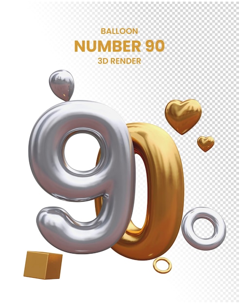 Premium psd silver and golden number 90 with graphic shapes