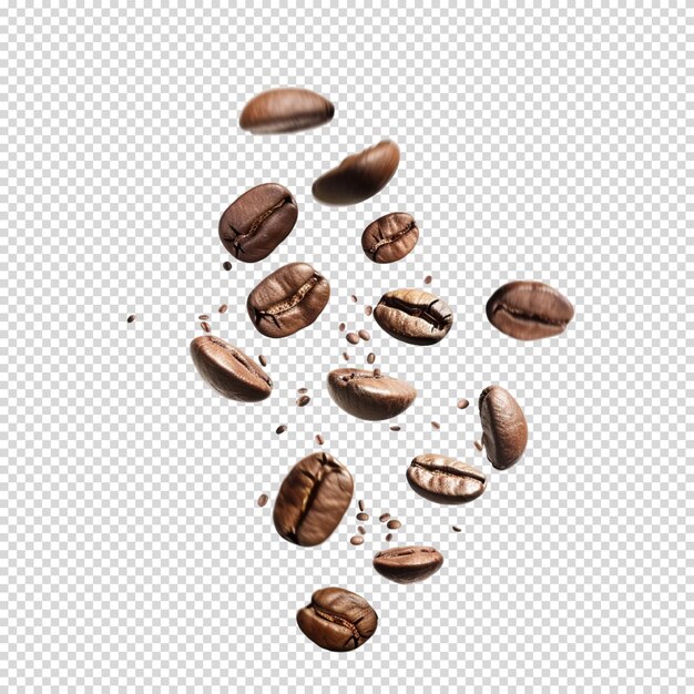 PSD premium quality flying coffee beans isolated on transparent background