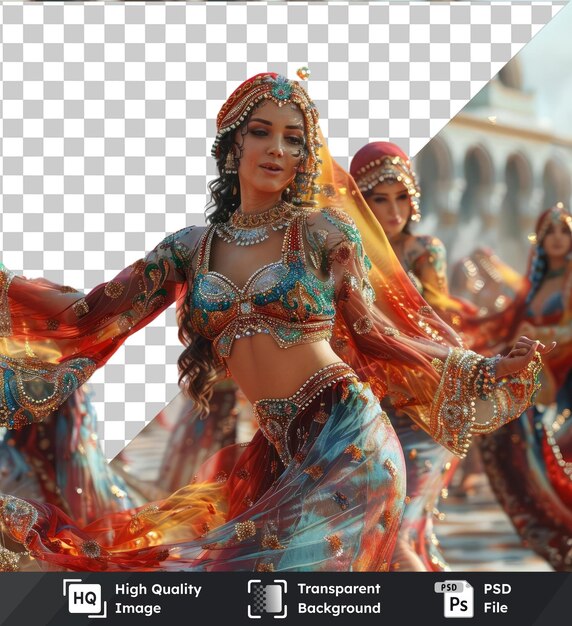 PSD premium of ramadan traditional dances in front of a building featuring a woman wearing a silver necklace