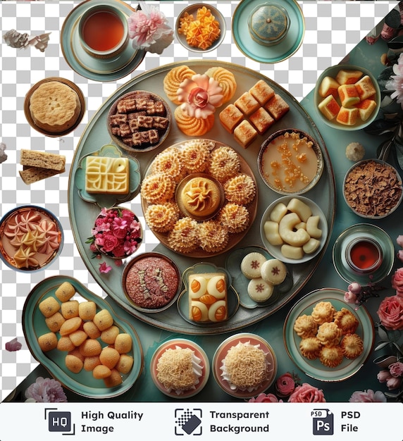 PSD premium of ramadan traditional desserts displayed on a blue table adorned with pink and white flowers accompanied by a variety of plates and bowls