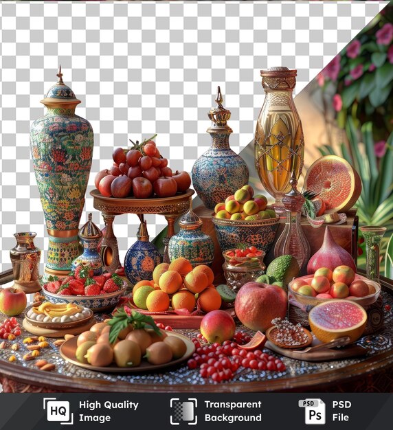 Premium of ramadan traditional souvenirs and fruit displayed on a wooden table against a wall featuring a variety of colorful fruits including red apples oranges and a blue vase