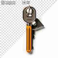 PSD premium of realistic photographic locksmiths key blanks displayed on a isolated background accompanied by a metal and silver key and a yellow and orange handle