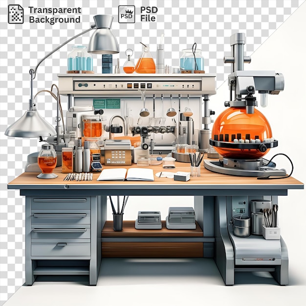 PSD premium of realistic photographic scientists laboratory equipment on wooden table featuring a silver lamp orange blender and white drawer with a white wall in the background