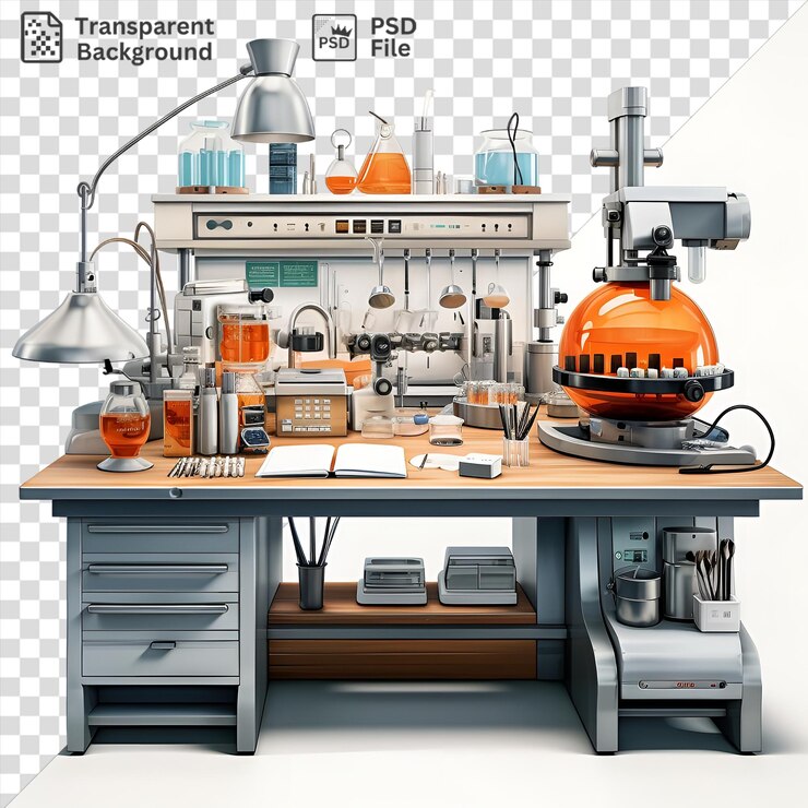 PSD premium of realistic photographic scientists laboratory equipment on wooden table featuring a silver lamp orange blender and white drawer with a white wall in the background