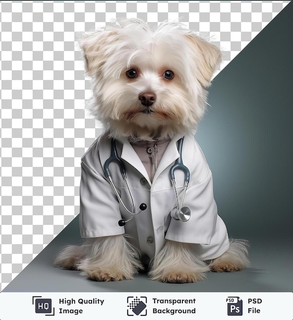 PSD premium realistic photographic veterinarian39s pet clinic featuring a white dog with a brown nose and black and brown eyes wearing a white coat and black button against a gray wall