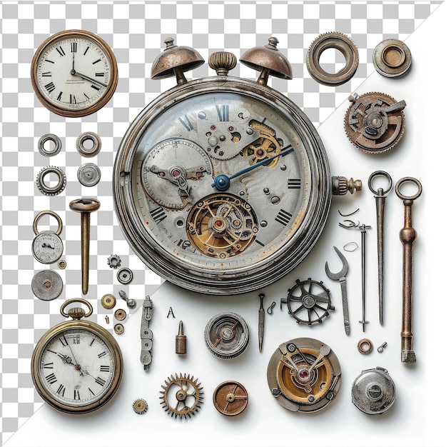 PSD premium of realistic photographic watchmaker _ s tools a collection of clocks including a gold clock a silver clock and a small clock displayed on a white wall