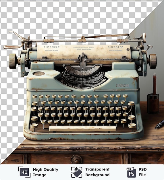 PSD premium realistycznego pisarza fotograficznego proces pisania maszyny do pisania na drewnianym biurku
