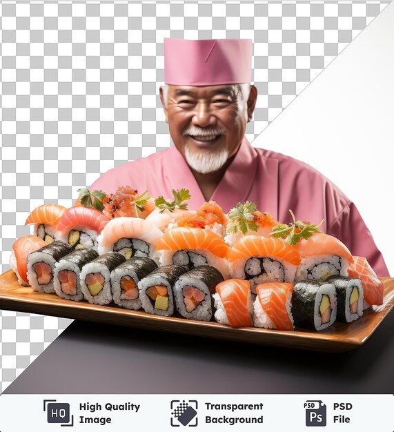 PSD premium realistycznych fotografii sushi szefów kuchni sushi uśmiechnięty mężczyzna w różowej koszuli i kapeluszu z białą brodą i dużym nosem trzyma talerz sushi podczas noszenia