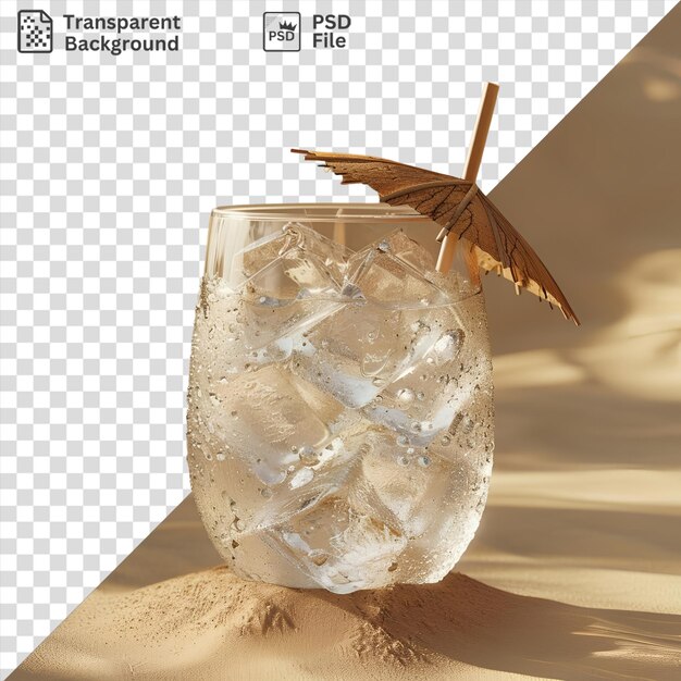 PSD premium of refreshing coconut water in a clear glass with a brown wing and shadow in the background