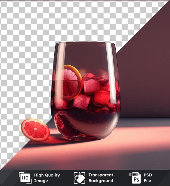 PSD premium of refreshing glass of sangria topped with sliced grapefruit and served on a pink table against a dark wall