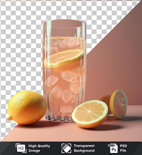 Premium of refreshing lemonade served in a clear glass on a pink table accompanied by sliced oranges and a lemon with a black shadow in the background