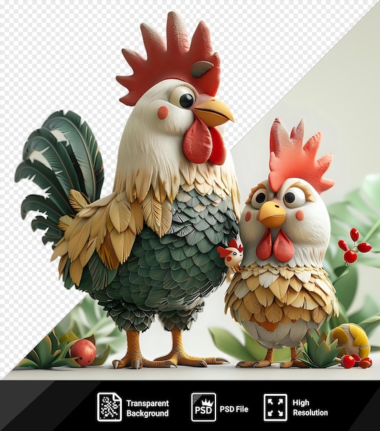 Premium of rooster family figurines with yellow beaks and black eyes stand in front of a white wall surrounded by green leaves png psd