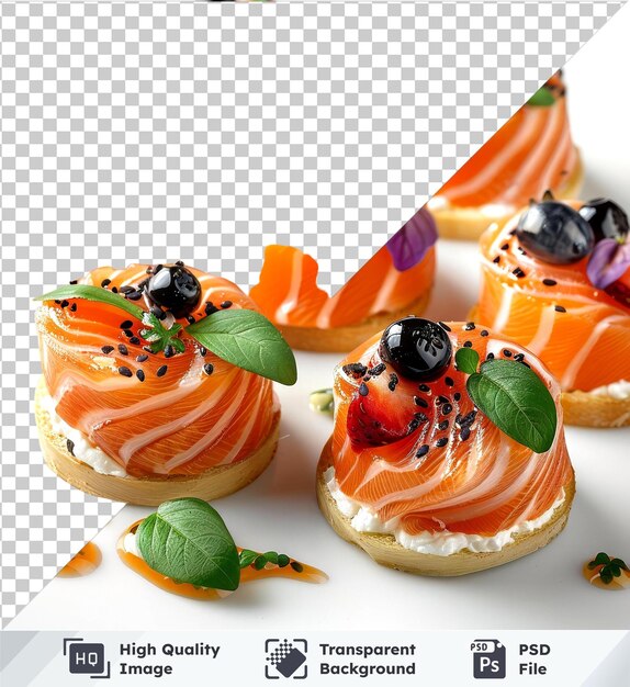 PSD selezione di canapè di salmone di qualità su sfondo trasparente con foglie verdi e fiori viola