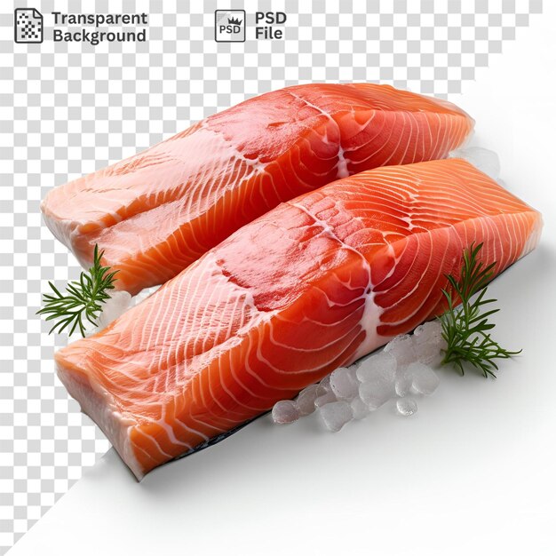PSD premium of salmon fillet on a isolated background accompanied by a green garnish and an orange fish