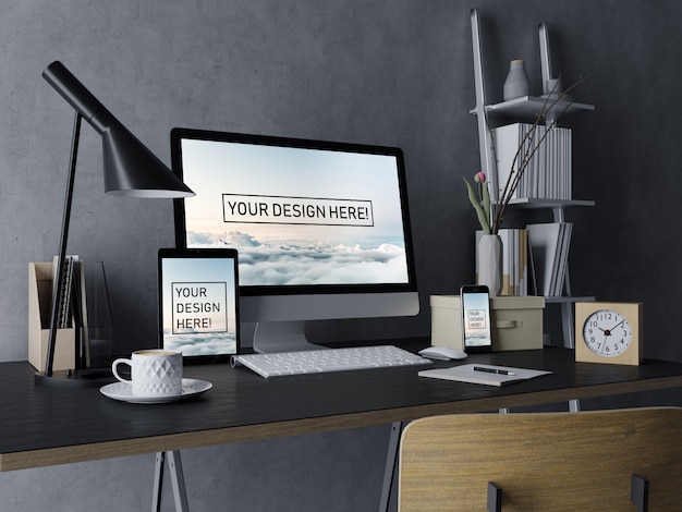 PSD premium set desktop, tablet, and smartphone mock ups design template with editable screen in elegant black interior