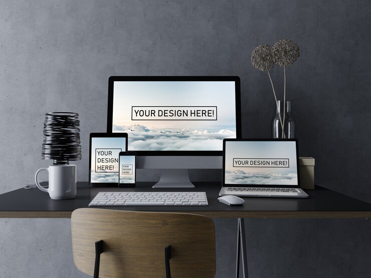 PSD premium set devices pc, laptop, tablet and smartphone mockup design template with editable screen in black elegant workspace