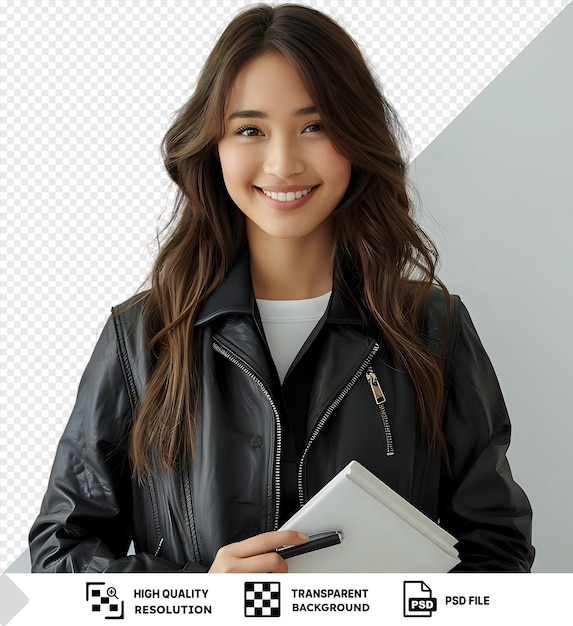 PSD premium of smiling holding folder with pen young beautiful female wearing black jacket and white shirt with long brown hair and brown eye and holding a white book in her hand