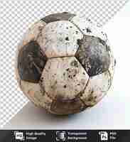 PSD premium soccer ball covered in dirt on a isolated background with a dark shadow in the foreground