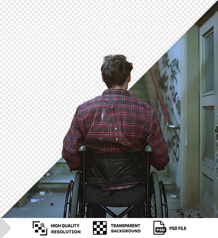 PSD premium of social insecurity in a black wheelchair navigates up a flight of stairs passing a white door and a wall wearing a plaid shirt and with short brown hair png psd