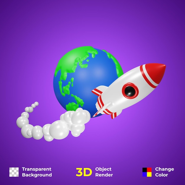 Illustrazione di progettazione 3d del globo e del razzo spaziale premium psd