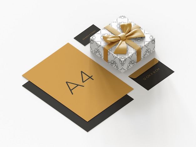 Mockup con marchio premium di cancelleria con vista ortografica regalo