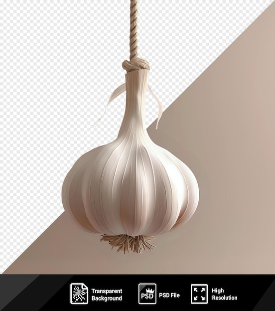 Premium of string of fresh garlic hanging from a white vase against a white wall png