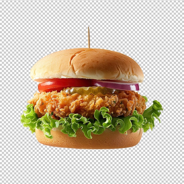 Fotografia in studio di un prodotto premium di un hamburger di pollo galleggiante sullo sfondo bianco