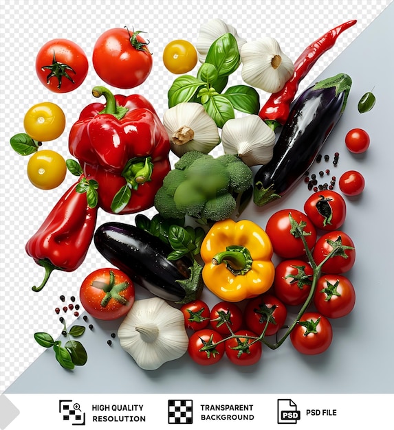 PSD premium świeżych warzyw widok z góry i kopiowanie przestrzeni z czerwonymi pomidorami, czarnym bakłażanem, zielonym brokułem i białym czosnkiem na przezroczystym tle png psd