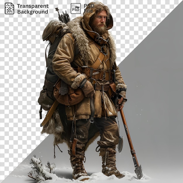 PSD premium of thorfinn karlsefni from vinland saga stands in front of a gray sky wearing a brown coat and boots with a brown strap visible in the foreground