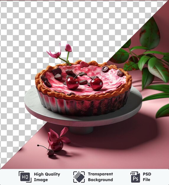 PSD premium transparante sappige kersen clafoutis met roze bloemen en groene bladeren op een rond bord op een roze tafel tegen een roze muur met een rode kersen en