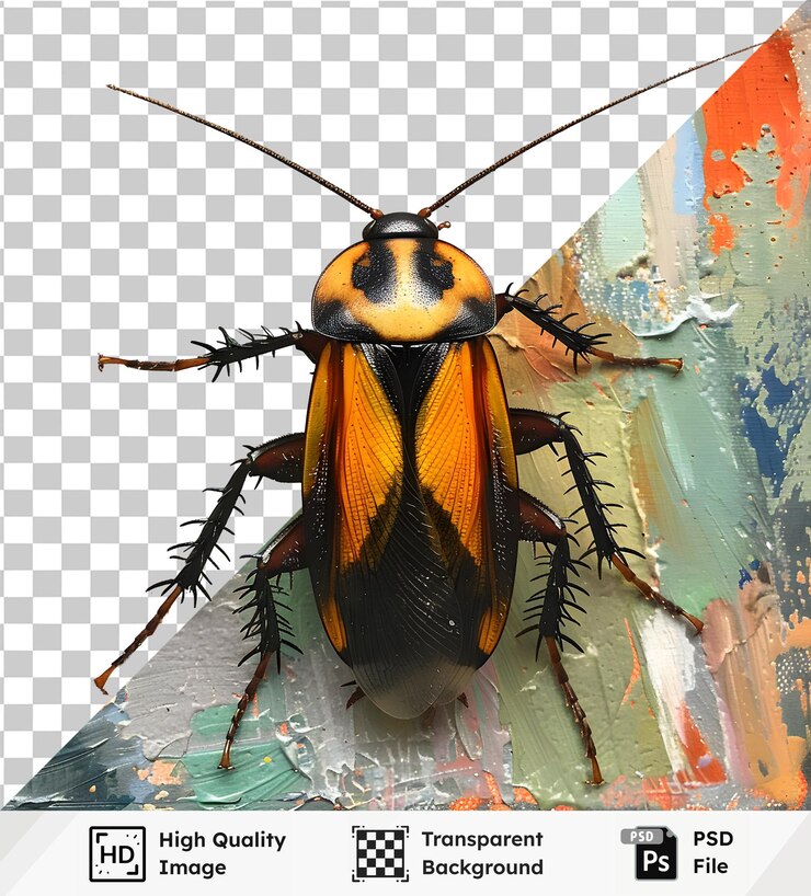 PSD premium transparent background cockroach insect depiction with vibrant colors on abstract canvas de