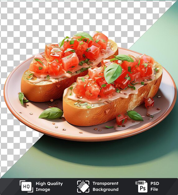 PSD bruschetta trasparente premium con pomodoro e basilico su un piatto bianco accompagnato da una foglia verde su un tavolo blu con un'ombra blu sullo sfondo