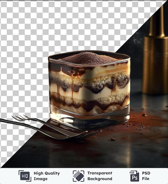 PSD premium transparent of decadent tiramisu dessert served on a shiny table with a silver fork