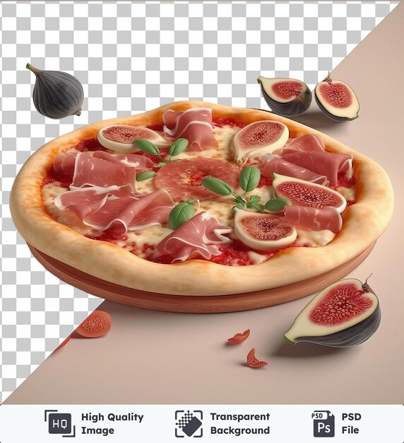 Premium trasparente di deliziosa pizza di fichi e prosciutto coperta di fichi freschi e foglie verdi su uno sfondo trasparente