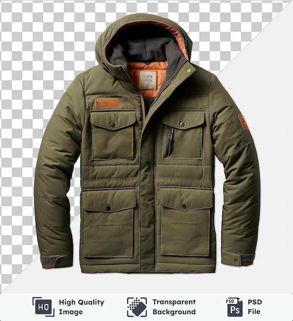 PSD プレミアム 透明 フロントビュー ジャケット オリーブ 革 材料 織物 ラベル