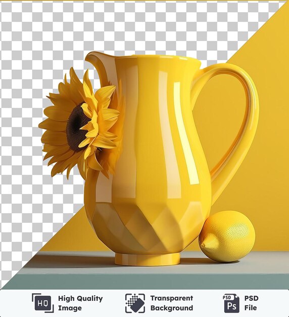 PSD premium transparent of refreshing lemonade pitcher on a blue table against a yellow wall accompanied by a yellow flower and a white and yellow vase with a curved handle