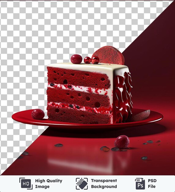 PSD premium transparent rich red velvet cake on a red plate accompanied by a red cherry with a black shadow in the background