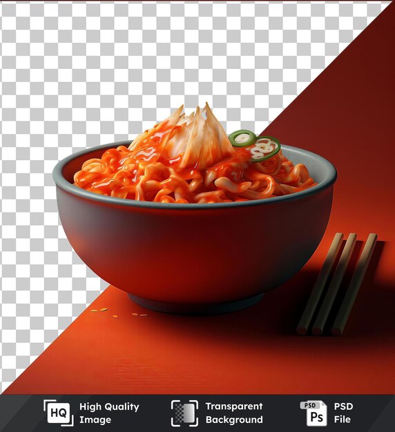 PSD premium transparent spicy kimchi bowl with noodles and chopsticks on a red table accompanied by a small orange and a red bowl with a dark shadow in the background