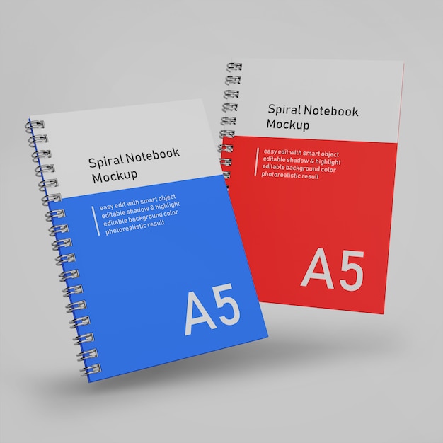 premium two office hard cover spiral binder notebook mock up design template flying in front view