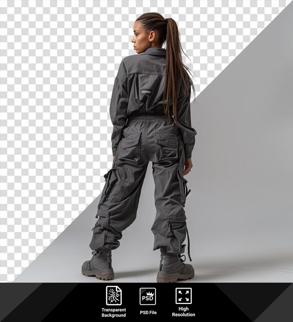 PSD premium of urban millitary cargo baggy pants young woman model half length body back shot of a woman with long brown hair wearing a black jacket and gray and black boots with png psd