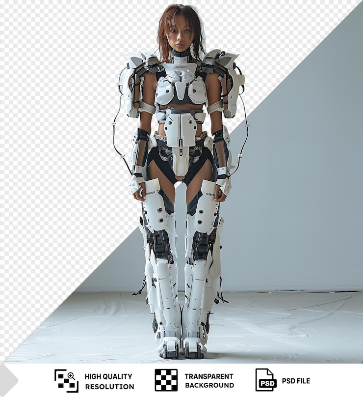 PSD premium of urban millitary cybernetic machine robot samurai beautiful woman model half length body machine front shot against a gray and white wall with a white leg visible in the fore