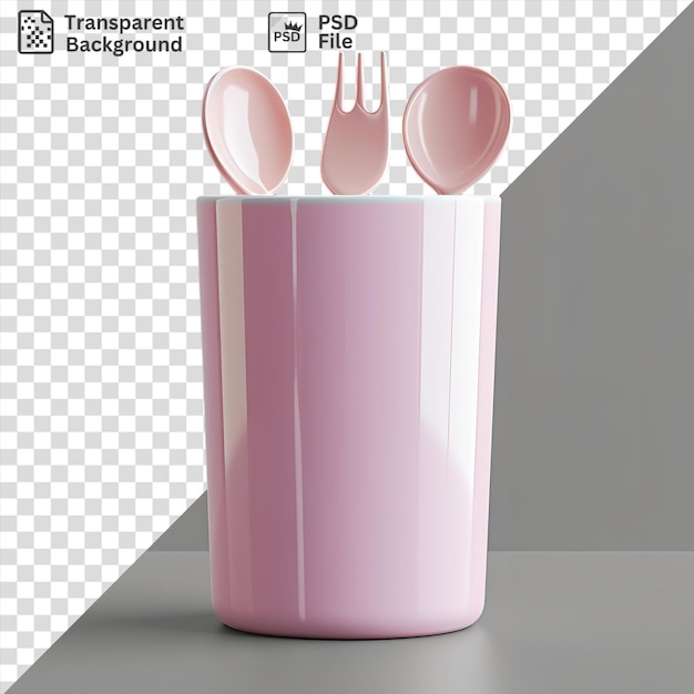 Premium of utensil holder with pink cup and spoons on transparent background against gray and white wall