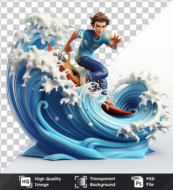 Premium van 3d surfer cartoon rijden enorme golven 3d rendering